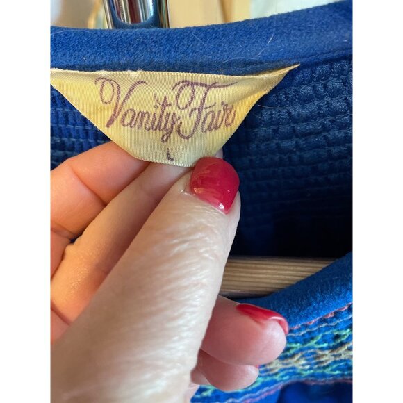 Vintage 80s Vanity Fair Royal Blue Full Zip Embroidered Collar Maxi Robe Sz L - Picture 6 of 9